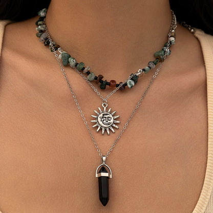 Natural Stone Bead Tassel Ethnic Style Layered Flower and Leaf necklace
