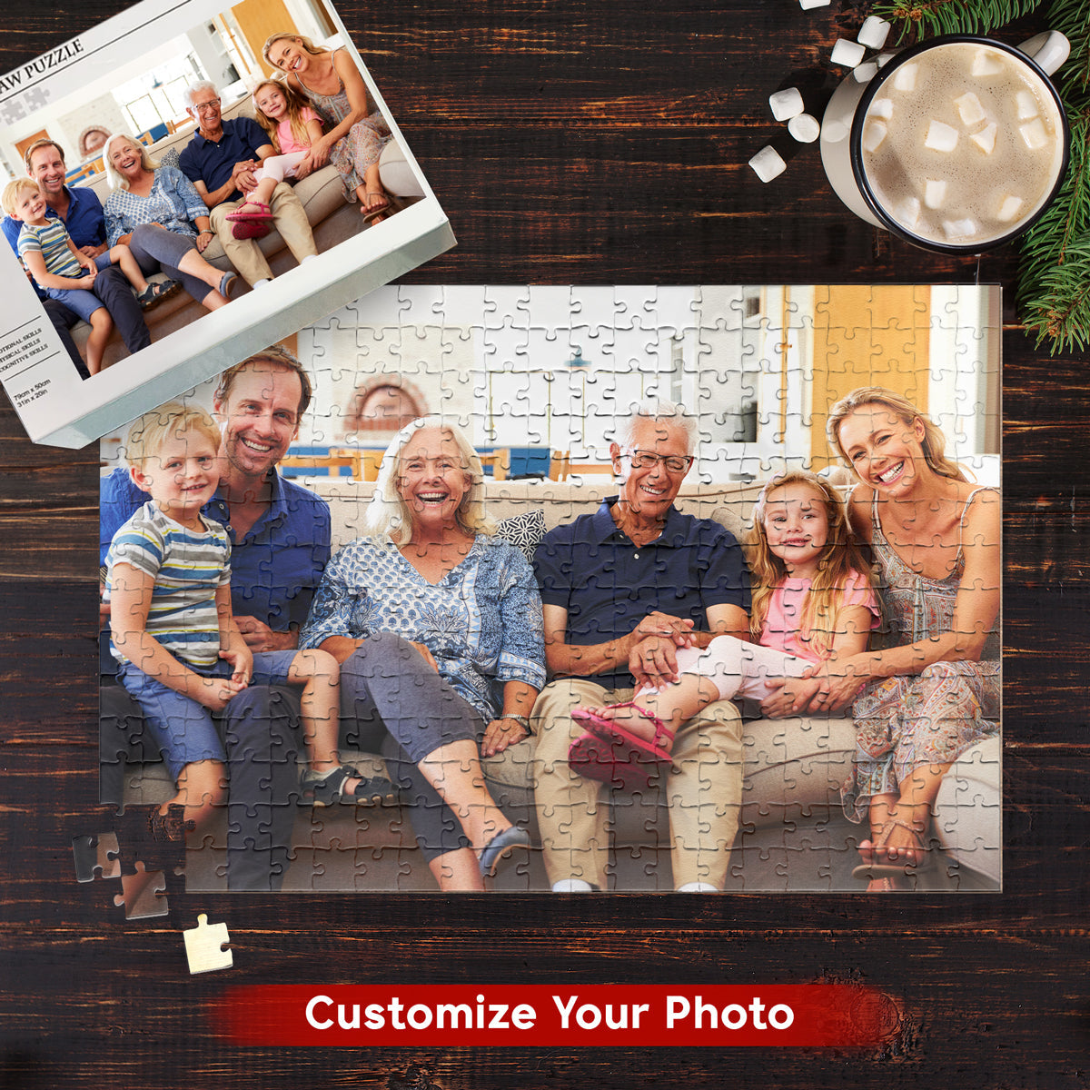 Personalized photo jigsaw puzzle, featuring a family gathering with grandparents, perfect family gift.