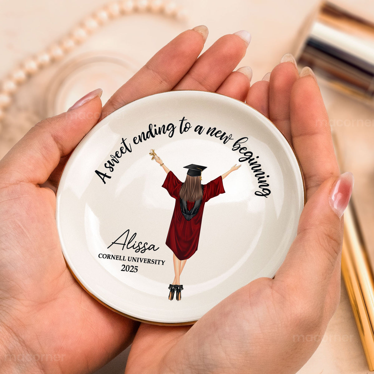 Personalized Graduation Jewelry Dish with 'A Sweet Ending To A New Beginning' design, a perfect graduation gift.