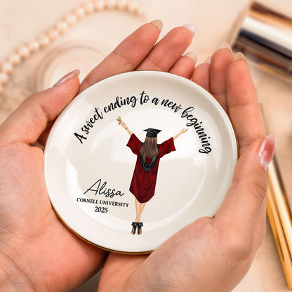 Personalized Graduation Jewelry Dish with 'A Sweet Ending To A New Beginning' design, a perfect graduation gift.