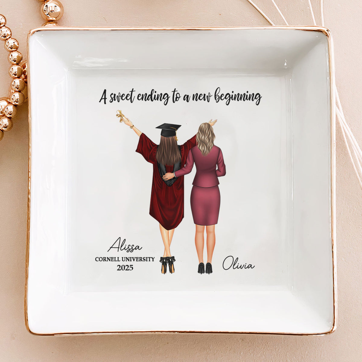 Personalized Graduation Jewelry Dish - "A Sweet Ending To A New Beginning" Ceramic Dish Gift
