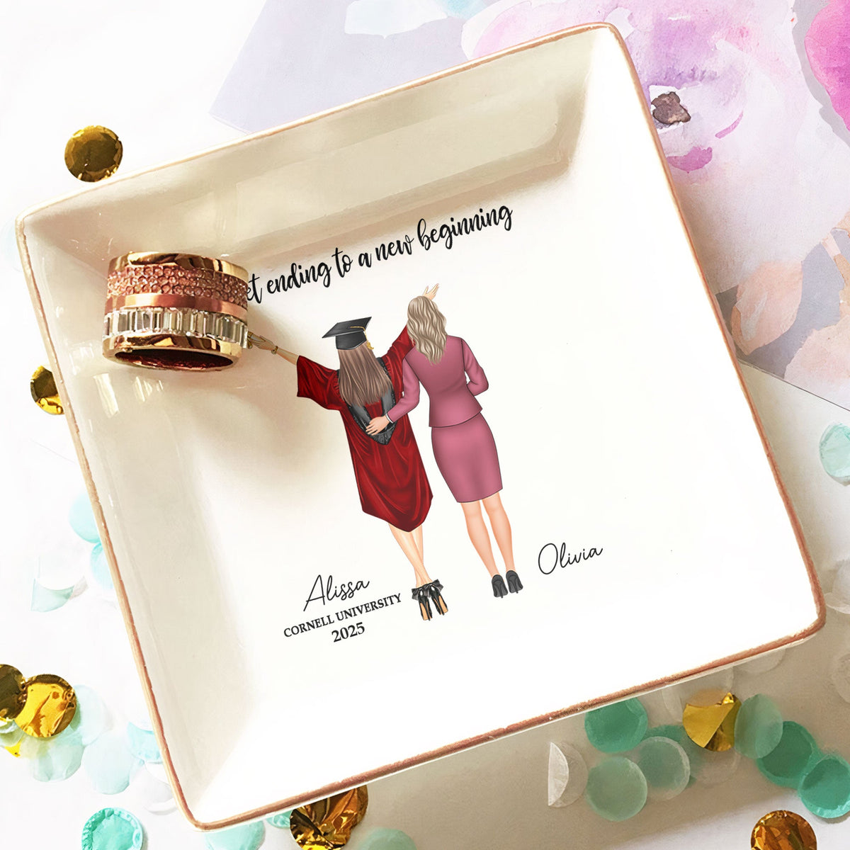 Personalized Graduation Jewelry Dish with "A Sweet Ending To A New Beginning" design, Graduation Gift for Her