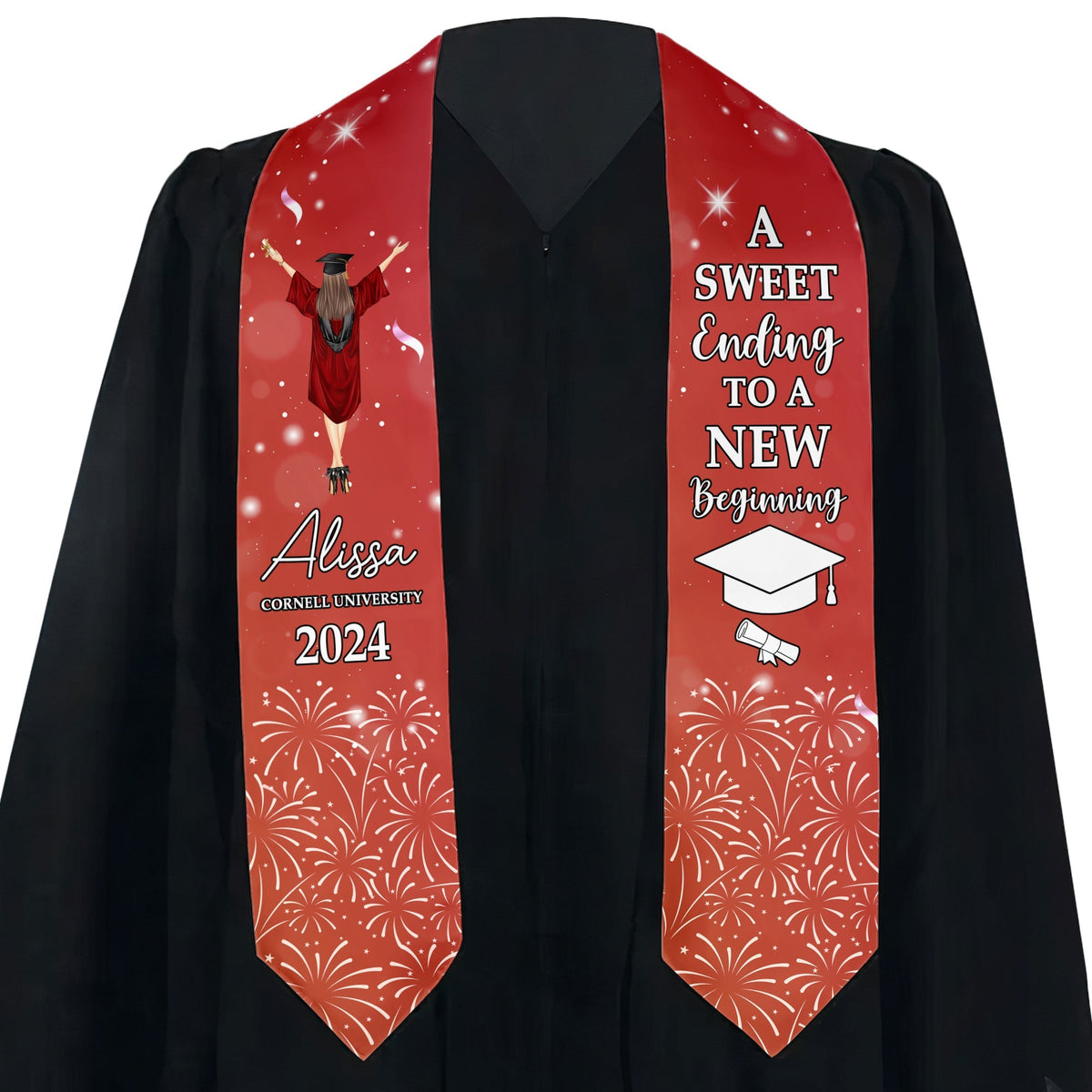 Red graduation stole with custom print and graduation sash, satin blend, graduation gift.