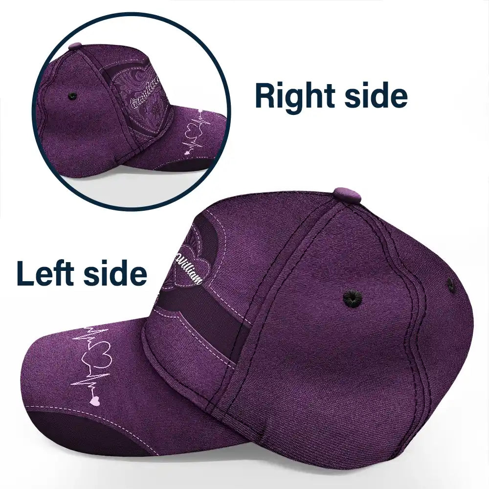 Purple Grandma's Sweethearts Cap, side views. Durable polyester-cotton.