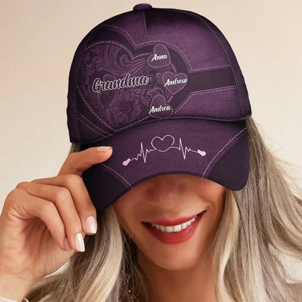 Grandma's Little Sweethearts personalized cap in purple, custom design, polyester-cotton blend.