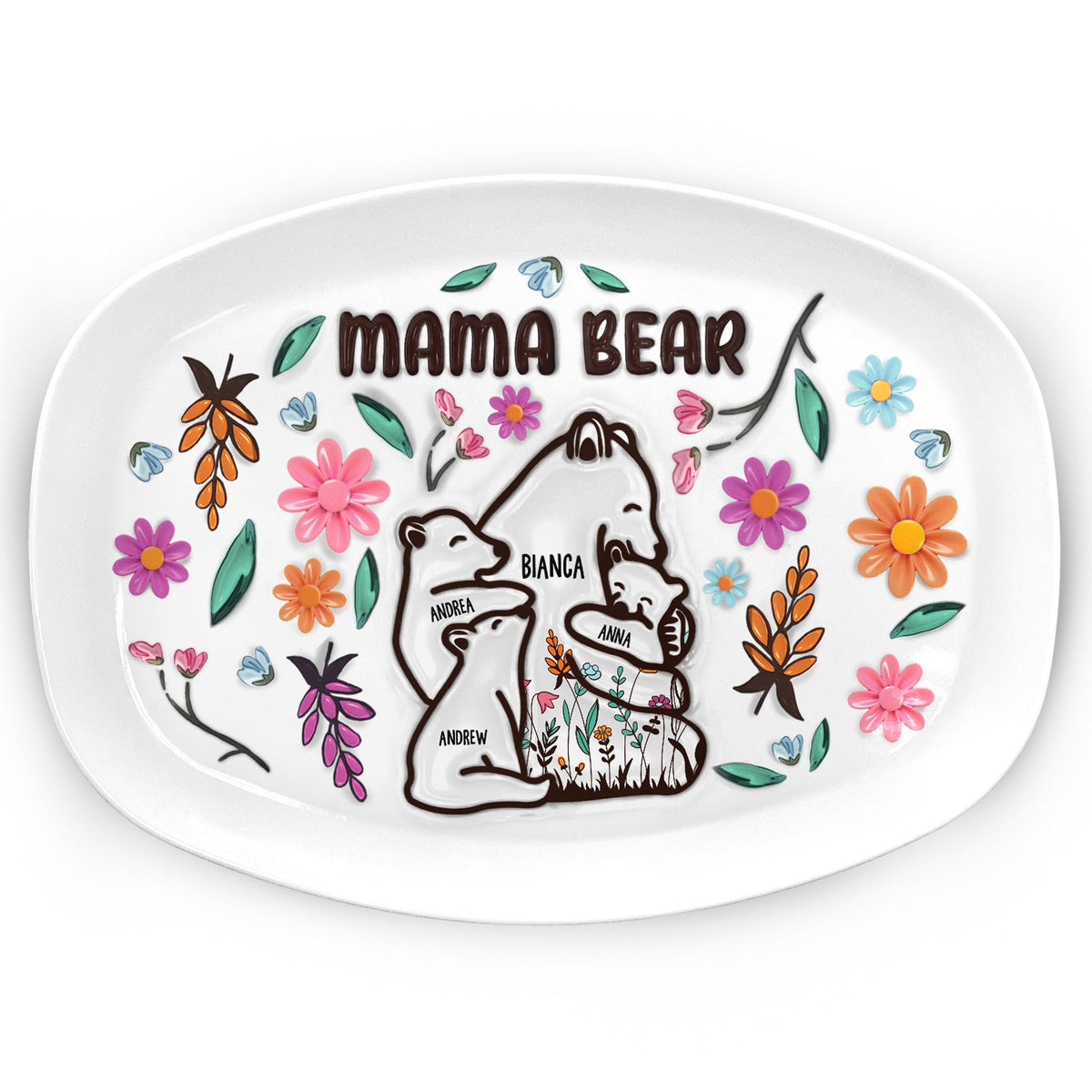 Mama Bear floral plate gift, BPA-Free plastic, custom design for Mom/Grandma.