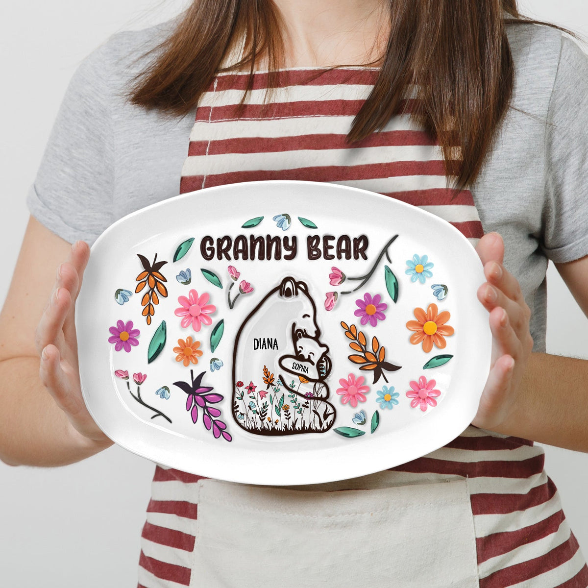Grammy Bear floral plate gift for Grandma, BPA-Free plastic, custom design
