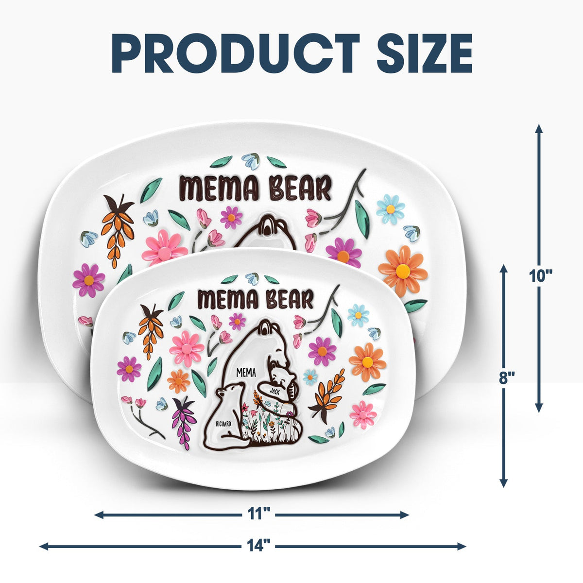 Mama Bear floral plate set in BPA-free plastic, featuring floral design and available in 11x8 and 14x10 sizes, perfect gift.
