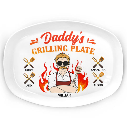 Daddy's Grilling Plate with Fire Cartoon - Personalized Gift for Dad