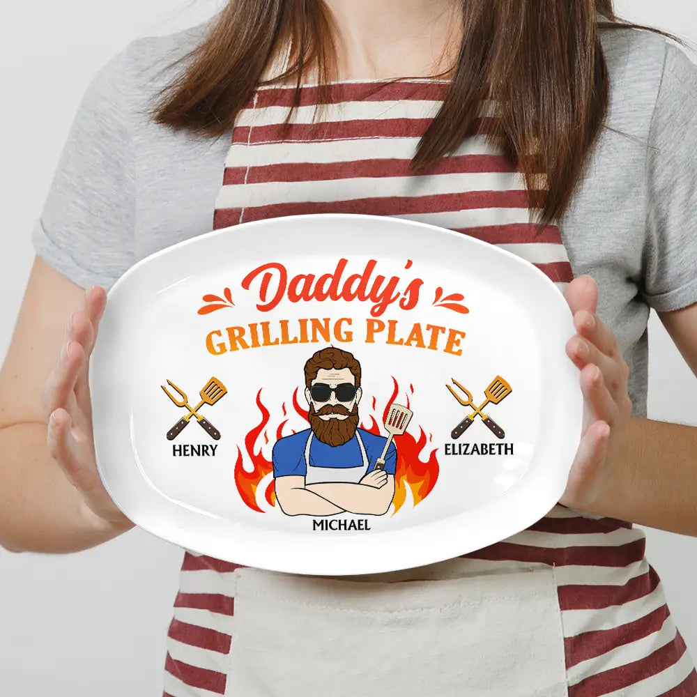 Daddy's Grilling Plate: Personalized BPA-Free Plate with Fire Cartoon, Custom Gift for Dad