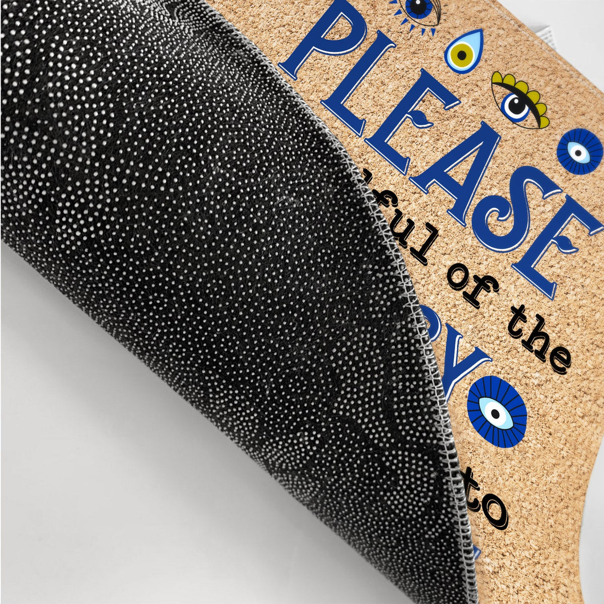 Personalized doormat with 'Please Be Mindful Of The Energy' quote, yoga theme, black and gold details