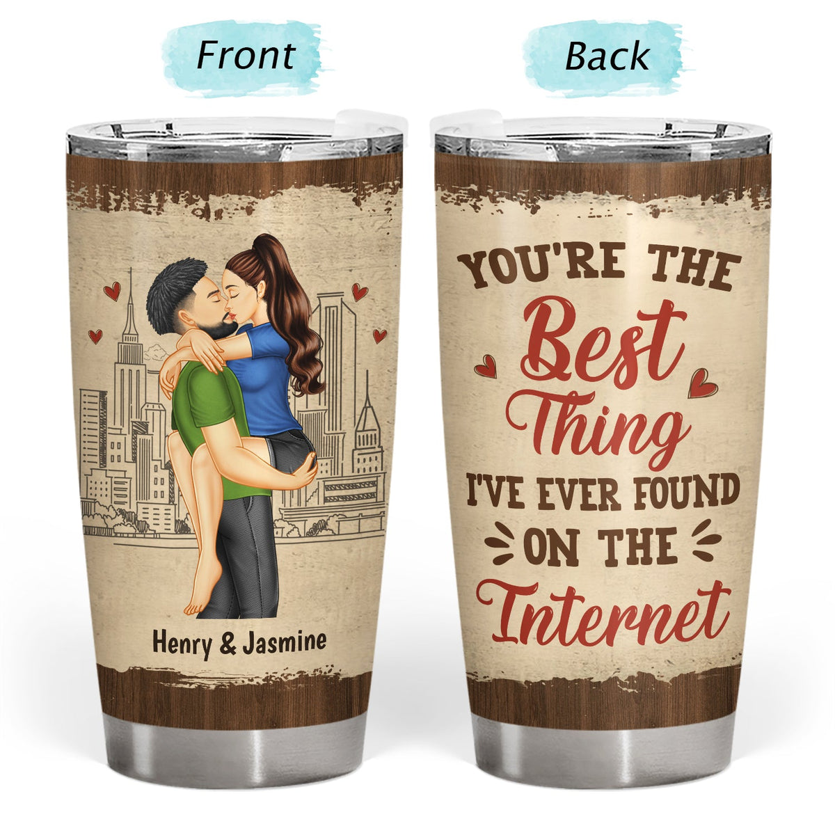 Personalized Kissing Couple Tumbler - Stainless steel thermos with couple design and romantic text, perfect gift.