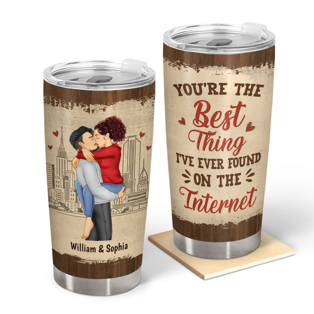 Personalized Tumbler Gift for Couples - Kissing Couple Design, Stainless Steel Thermos with Text