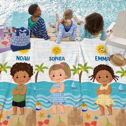 Personalized Kid On The Beach towel with cartoon kids, super-soft microfiber, perfect beach gift.