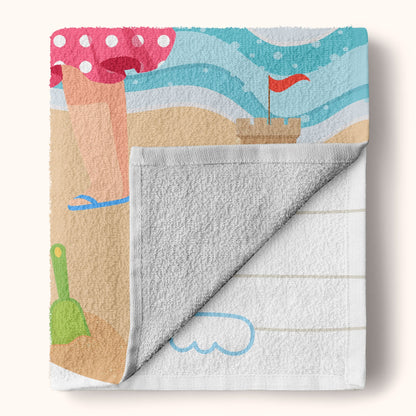 Kid On The Beach personalized beach towel, super-soft microfiber, 60x30 inches, beach-ready.
