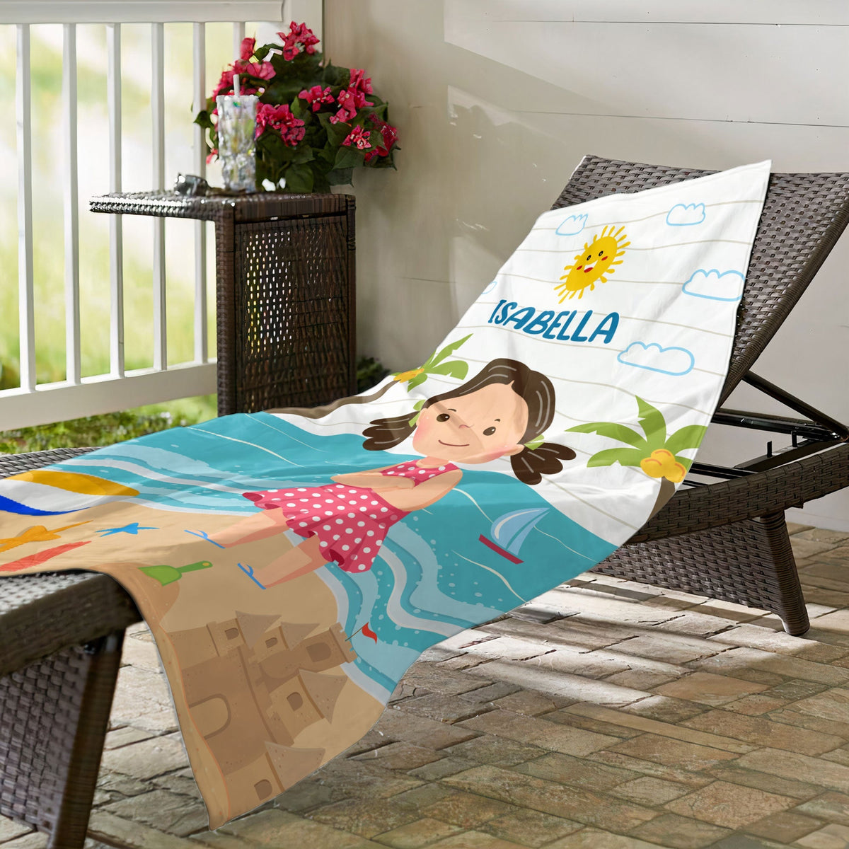 Personalized "Rebecca" beach towel on beach chair, super-soft microfiber, perfect for kids at the beach