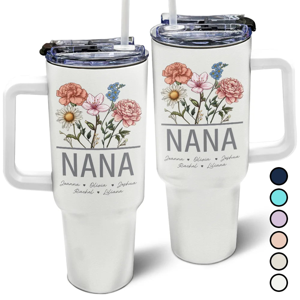 Nana Personalized Tumbler with Flowers, 40oz with Straw. Gift for Grandma, Mom. Insulated design.