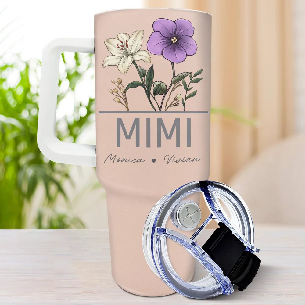 Personalized 40oz Tumbler with MIMI and birth flowers, insulated design, gift for grandma