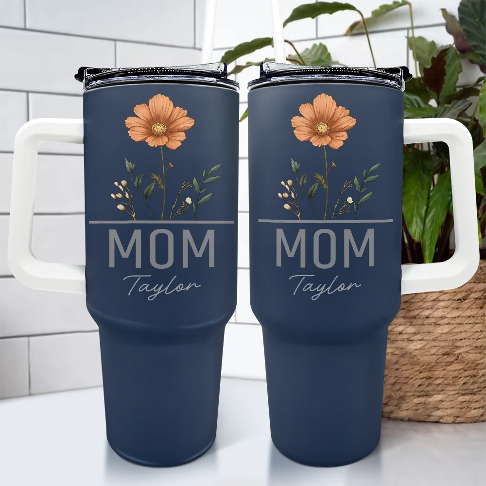 Personalized Mom 40oz Tumbler with Birth Flower, navy blue insulated cup with handle, a perfect gift for Mom