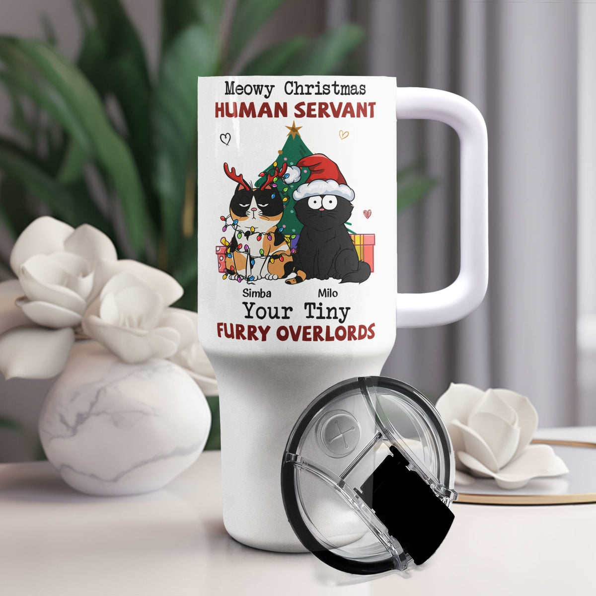 Personalized Meowy Christmas Tumbler with Cat Design, White stainless steel tumbler, perfect gift for cat lovers