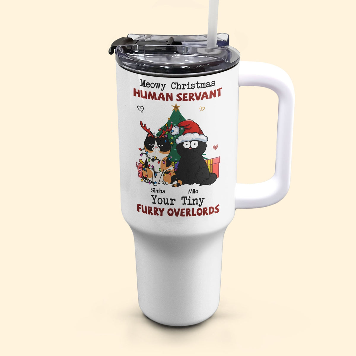 Meowy Christmas cat tumbler, 40oz stainless steel, personalized gift for cat lovers