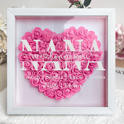 Personalized MAMA flower shadow box for Mom. Pink heart-shaped flower arrangement, white MDF frame, Mother's Day Gift.
