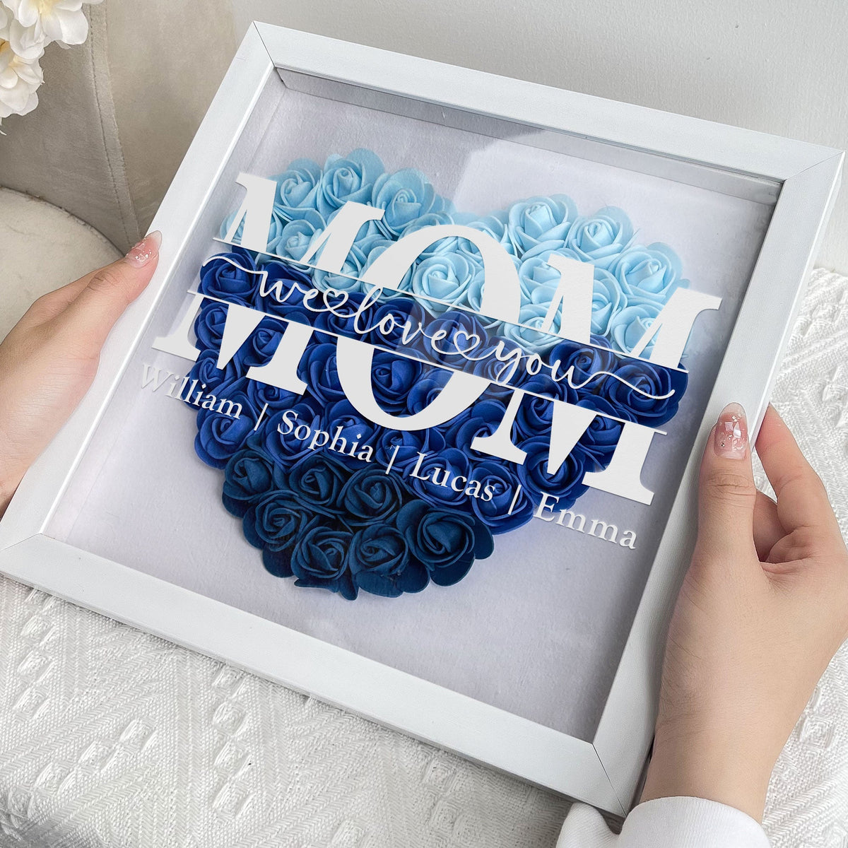 Personalized Mom Flower Shadow Box with 'We Love You' message, blue flower heart, white MDF frame, Mother's Day Gift