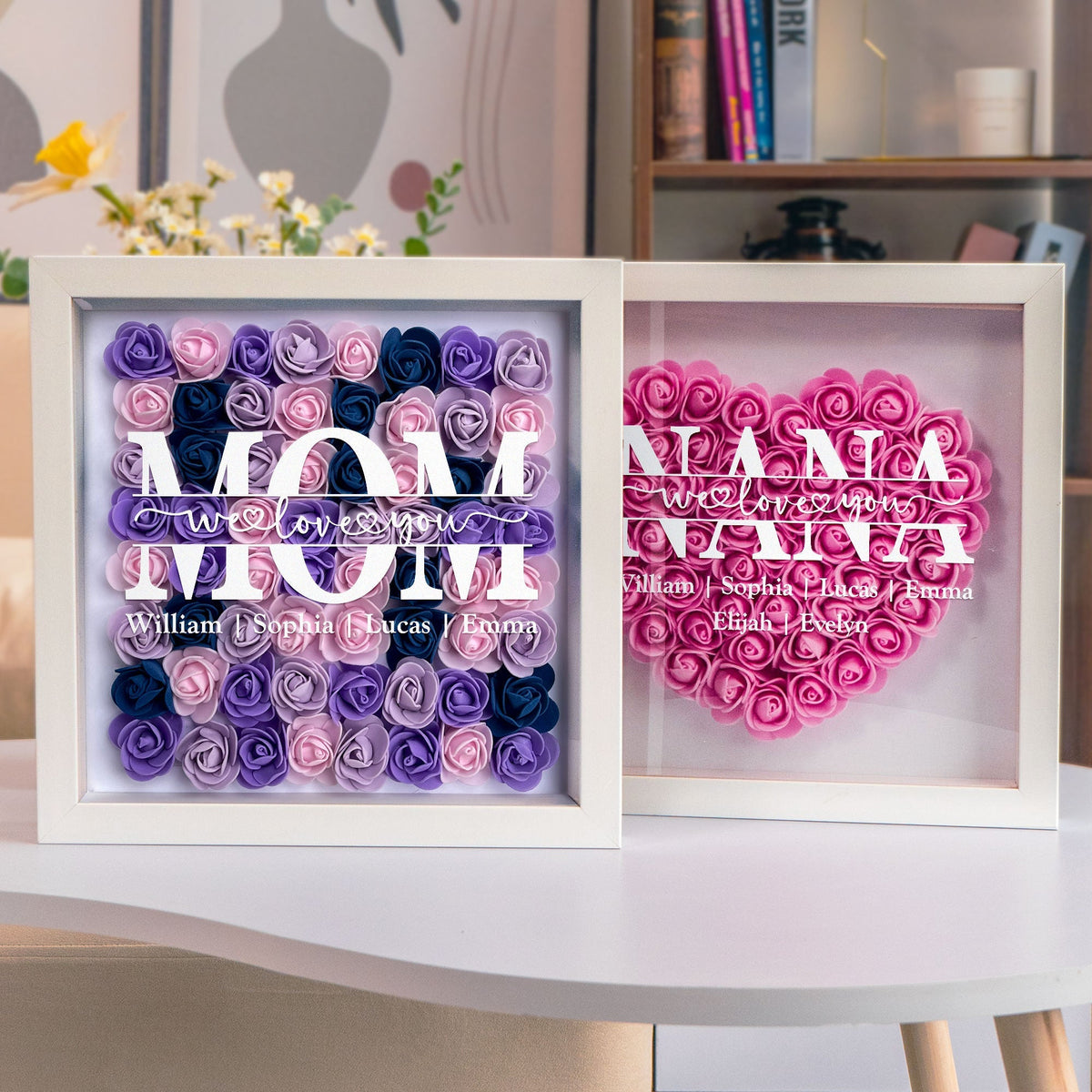 Personalized Mom Flower Shadow Box, "We Love You" message, MDF frame, Mother's Day Gift