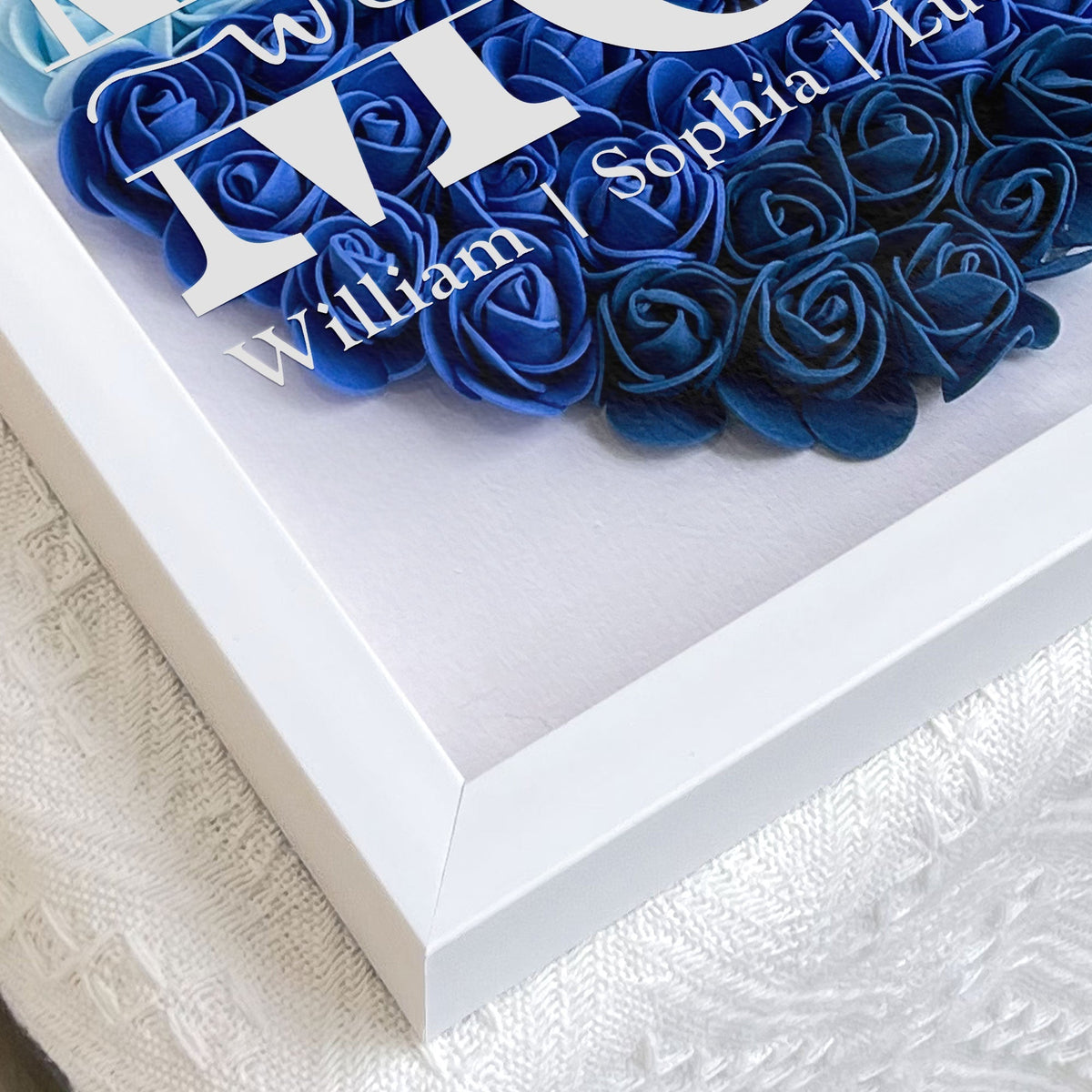 Personalized Mom Flower Shadow Box, blue paper flower heart, We Love You message, white frame, Mother's Day gift