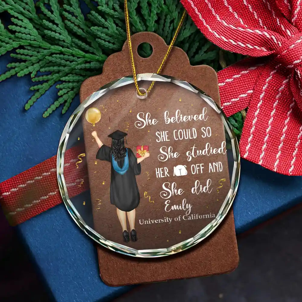 Graduation Glass Ornament with Quote: She Believed She Could, Graduation Gift.