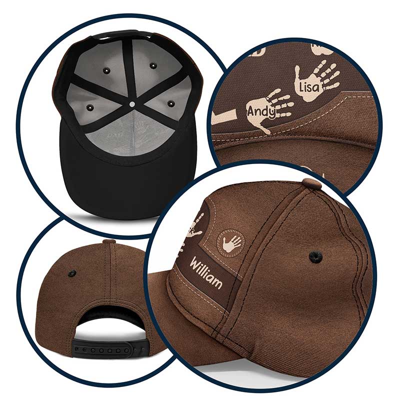 Personalized Grandpa Dad Kids Handprints Cap - Brown, breathable, adjustable fit.