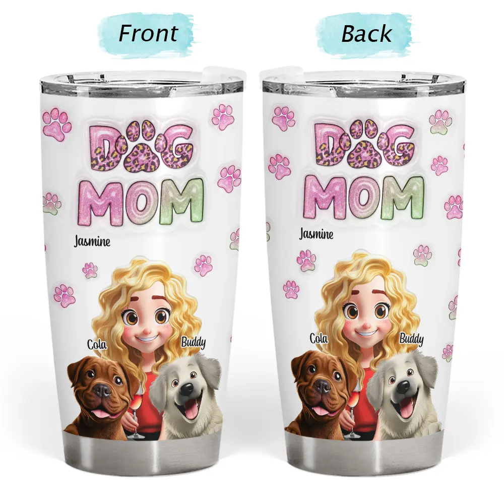 Dog Mom personalized stainless steel tumbler with custom design, girl with dogs, perfect gift for dog lovers.
