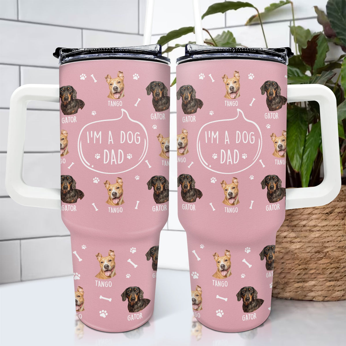 Personalized pink 40oz tumbler with dog pattern and "I'm A Dog Person" design, custom gift for dog lovers