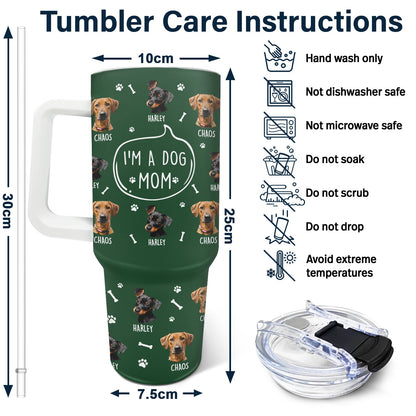 Green 40oz Dog Person Tumbler with Straw and "I'm A Dog Person" design. Includes care instructions and dimension details.
