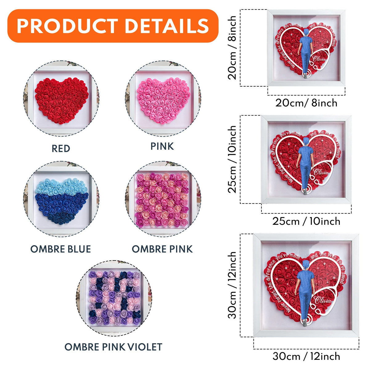 Flower shadow box product details with sizes and color options for nurses and doctors, MDF wood frame.