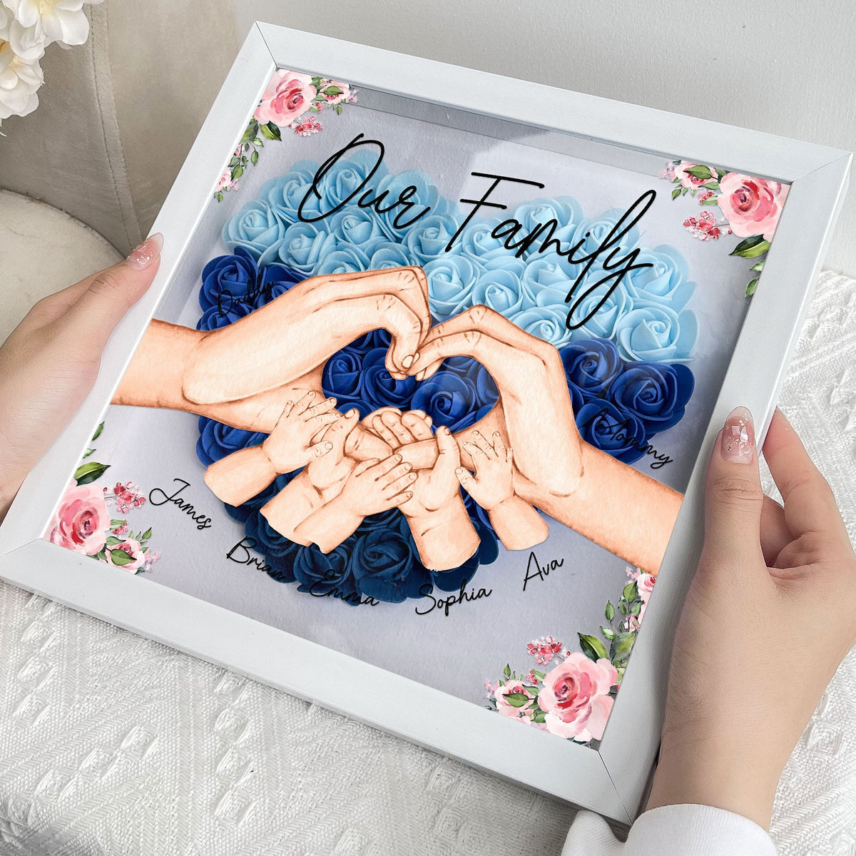Personalized Flower Shadow Box with "Our Family" Floral Arrangement, custom family keepsake, MDF frame.