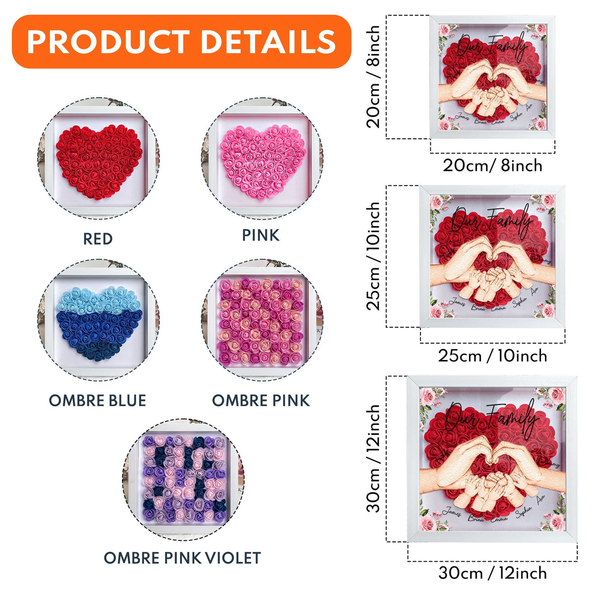 Personalized Family Shadow Box with various heart-shaped floral arrangement and size options