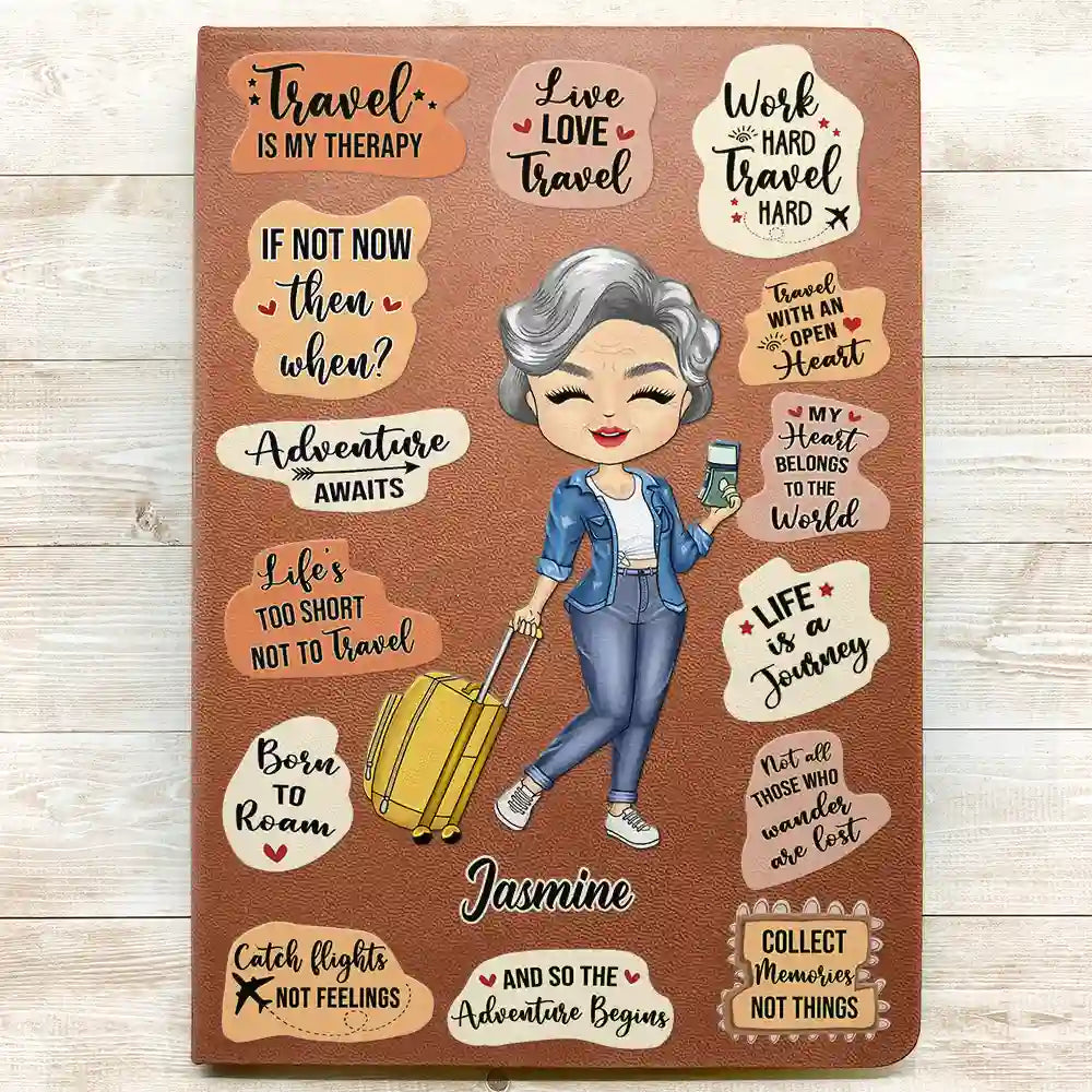 Personalized PU Leather Journal with travel-themed illustrations and quotes