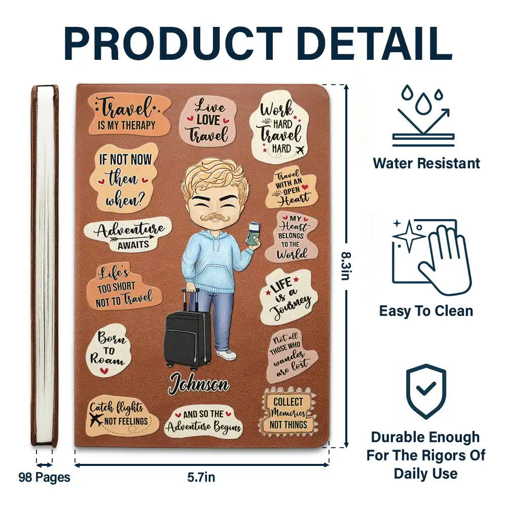 Personalized PU Leather Journal with travel quotes and illustrations, perfect for journaling and travel memories.