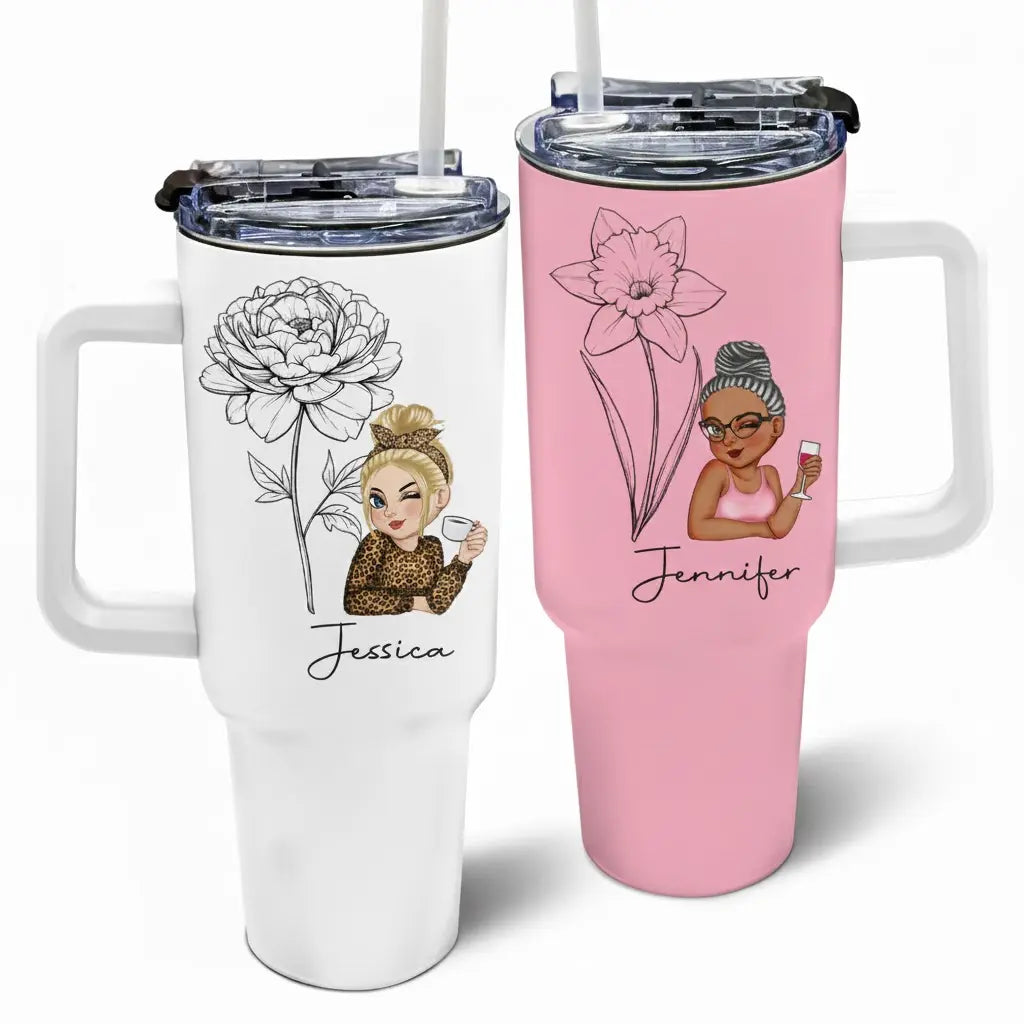 Birth Flower Sketch Girl Personalized 40oz Tumbler