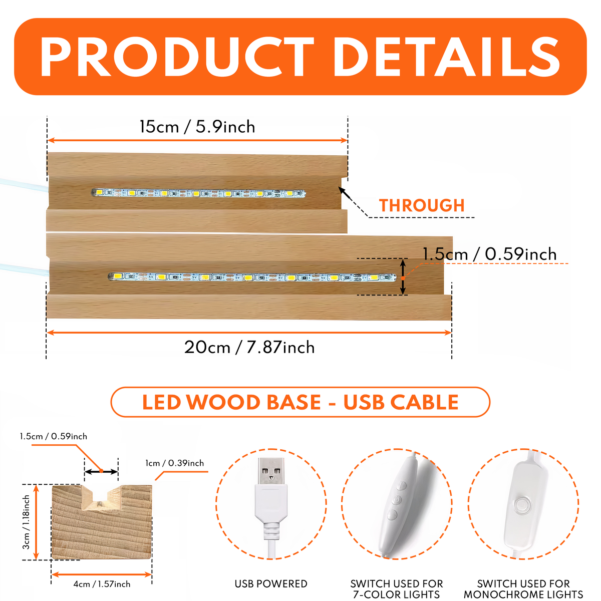 You & Me We Got This LED Night Light - Product Details: Dimensions, wooden base, and USB cable