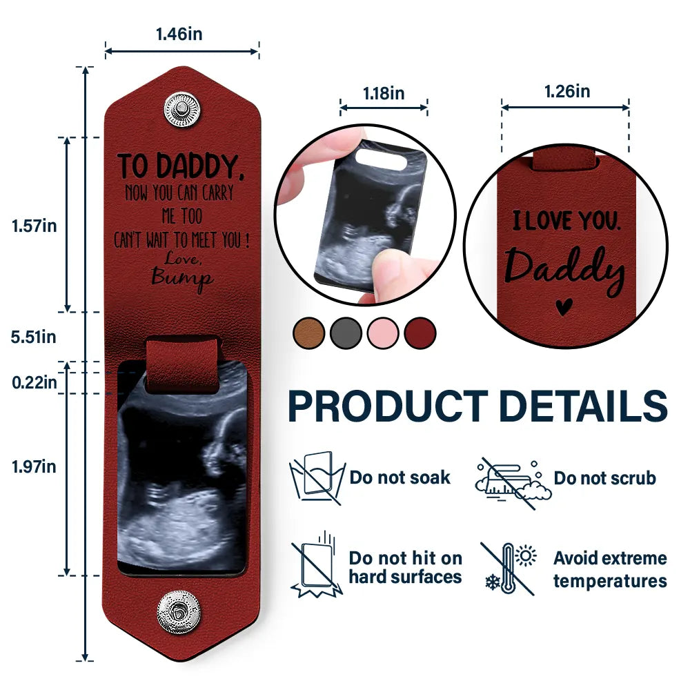 Personalized Leather Photo Keychain in Dark Red with Dad message and ultrasound image, product details.