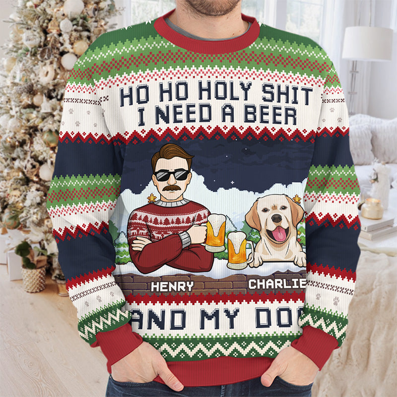Funny Christmas sweater with "Ho ho holy sh*t I need a beer and my dogs" quote, perfect gift for pet lovers
