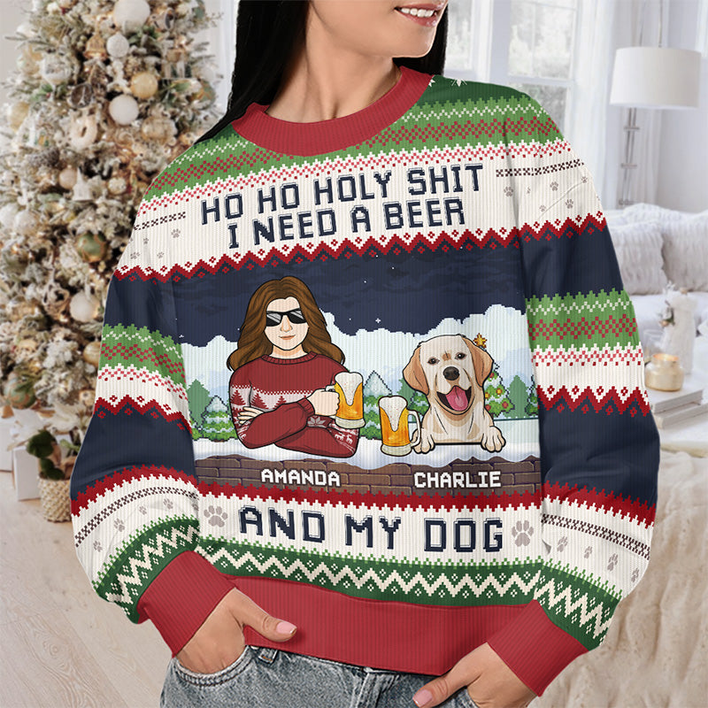 Unisex Christmas sweater with "Ho ho holy sh*t I need a beer and my dogs" quote, perfect gift for pet lovers