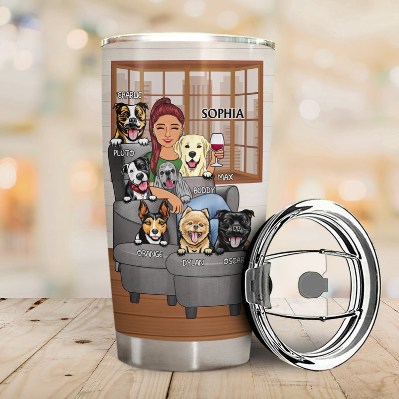 Personalized 'Best Dog Mom Ever' tumbler with dog illustration, custom gift.