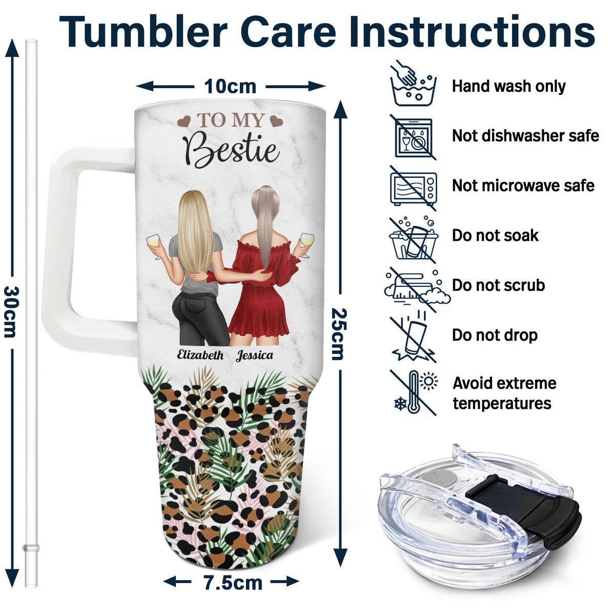 Bestie leopard print 40oz tumbler with handle, straw, and care instructions.