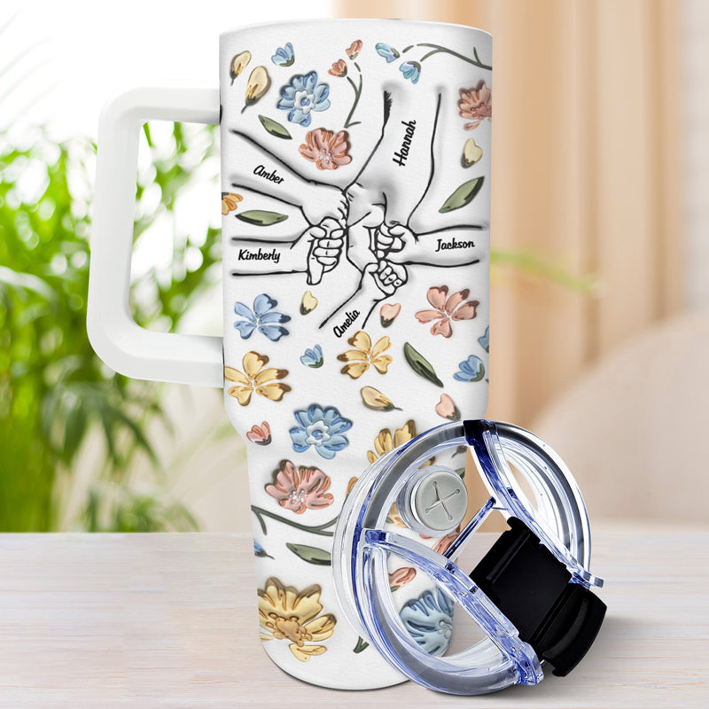 Personalized 40oz tumbler with Hand In Hand floral design, stainless steel, perfect gift for Mom or Grandma.