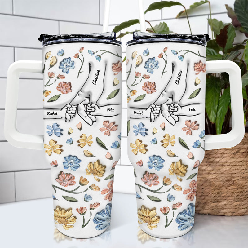 Hand In Hand floral 40oz tumbler, gift for Mom or Grandma. Stainless steel travel mug with straw.
