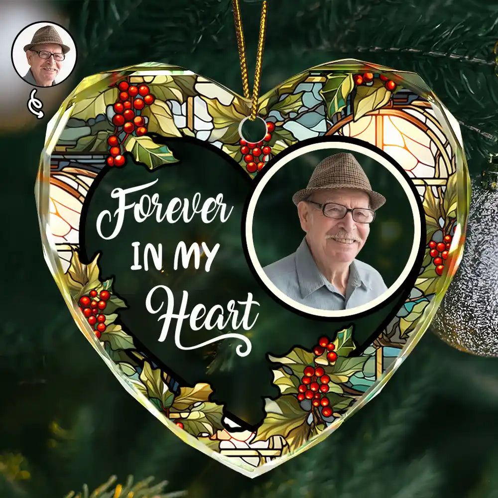 Personalized Heart Ornament with Photo, Forever In My Heart, Glass Floral Keepsake