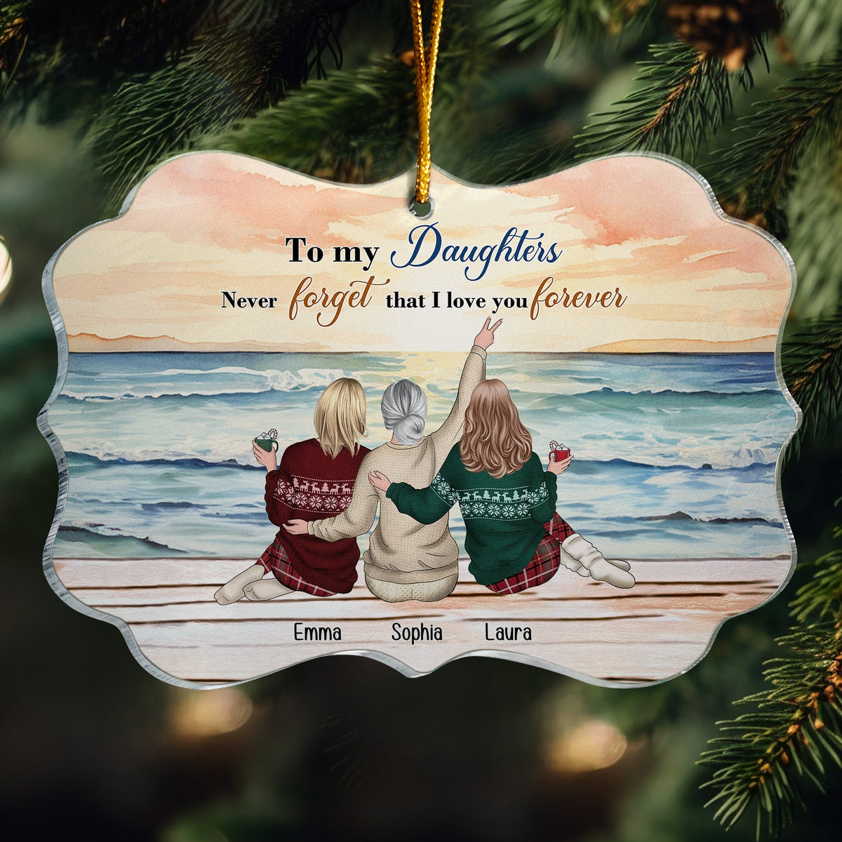 Personalized "To My Daughters" acrylic ornament, beach scene, loving keepsake.